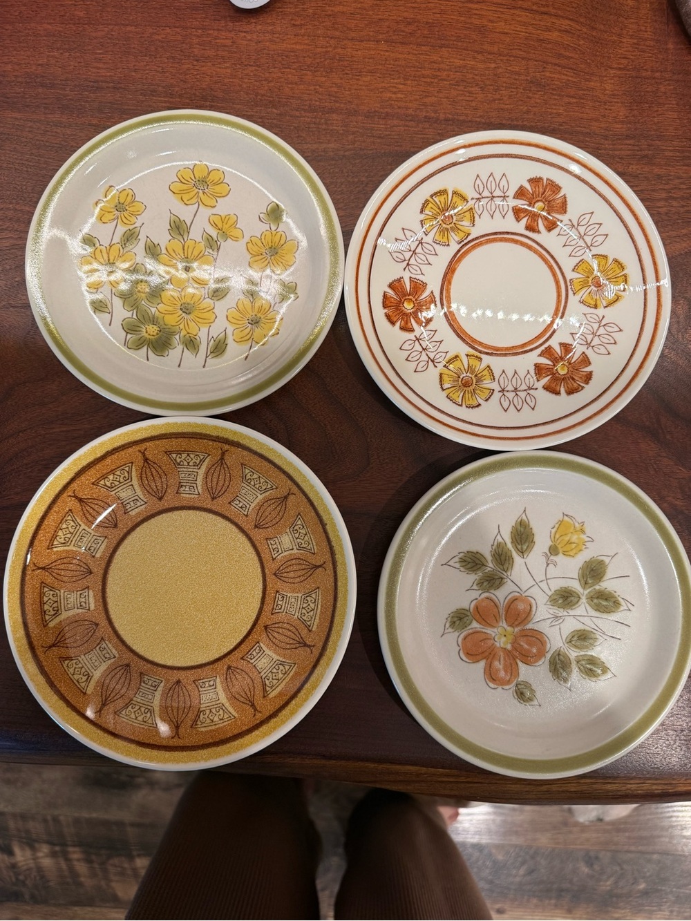 Vintage Floral Stoneware Salad/Dessert Plates - Yellow & Brown Set of 4
